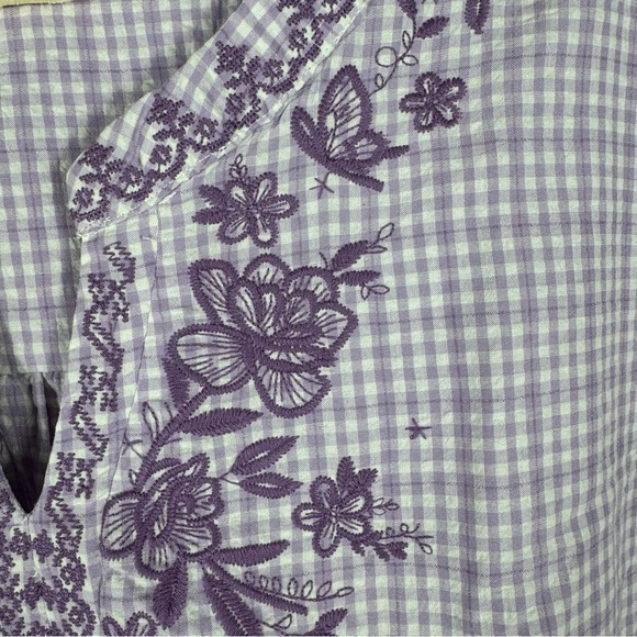 Savanna Jane Gingham Embroidered Seersucker Puff Sleeve Top 3X Lavender Boho - Picture 2 of 6